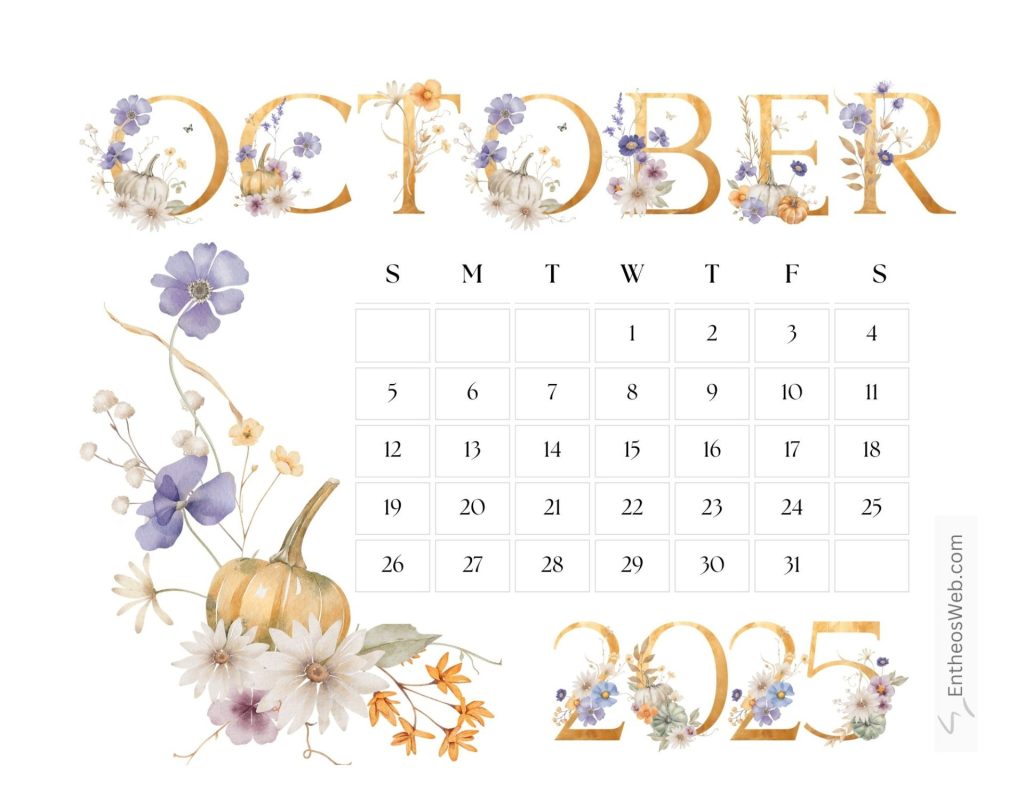 Printable october typography calendar 2025  by entheosweb