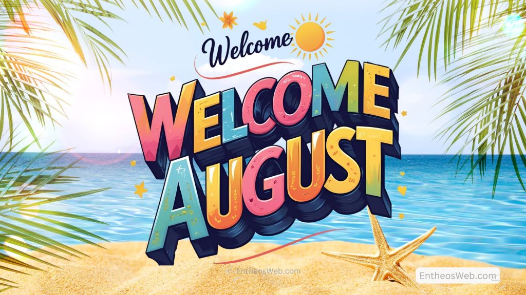 Welcome august colorful typography with beach background