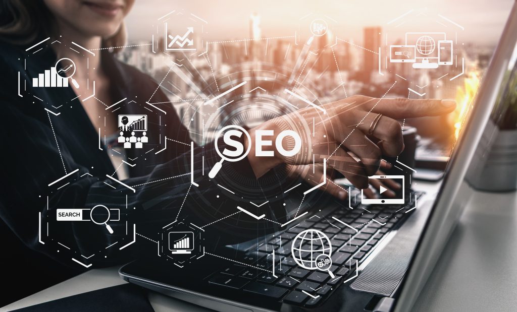Seo   search engine optimization for online marketing concept Modern graphic interface showing symbol of keyword research website promotion by optimize customer searching and analyze market strategy