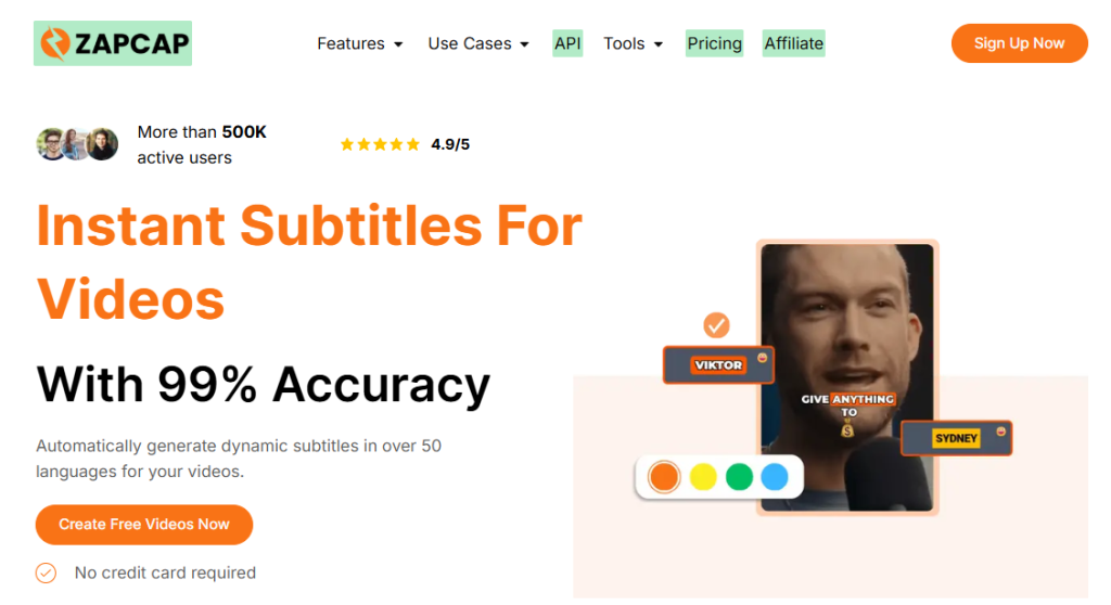 Hero section promoting zapcap instant subtitles for videos with a right side illustration of a video frame and subtitle elements Zapcap screenshot