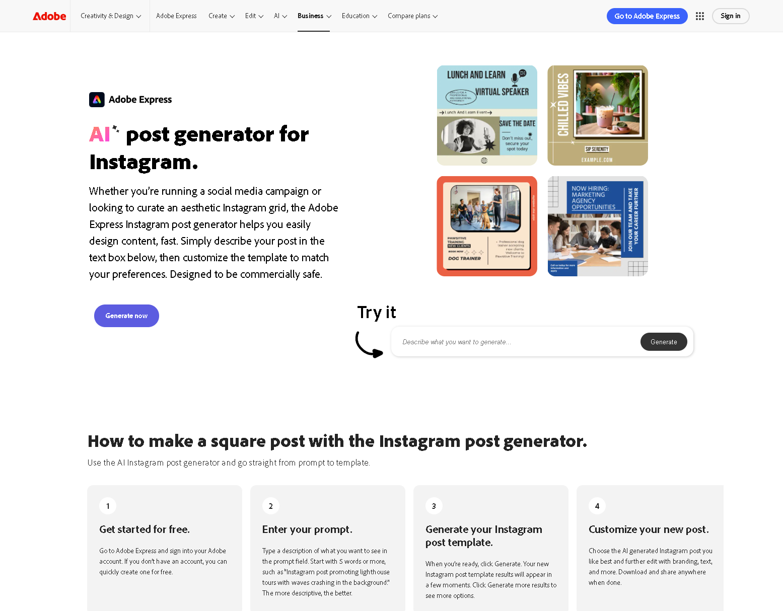Adobe express ai instagram post generator