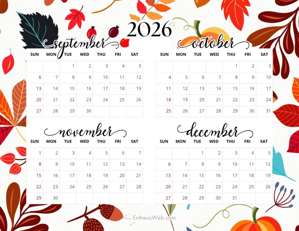 Two page 2026 calendar spread on a fall themed background showing september and october grids with decorative autumn leaves 4 month calendar   sep oct nov dec 2026 autumn leaves