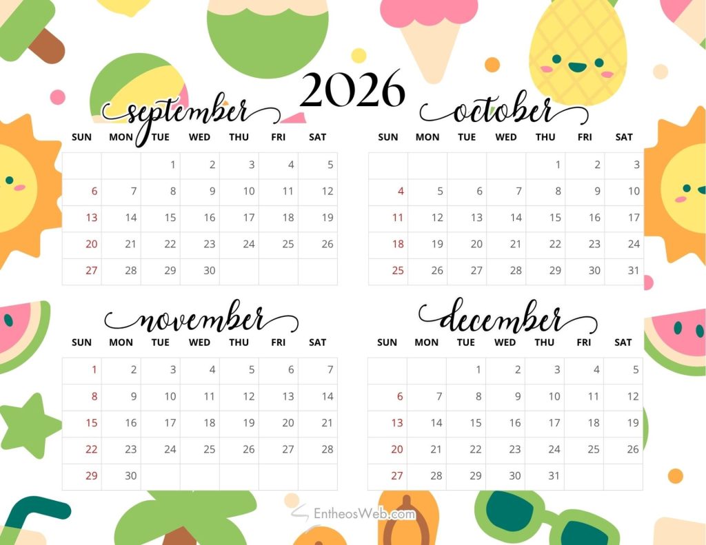 Decorative 2026 calendar page showing four monthsseptember october november decemberwith grid dates and playful fruit themed border 4 month calendar   sep oct nov dec 2026 cute bright summer