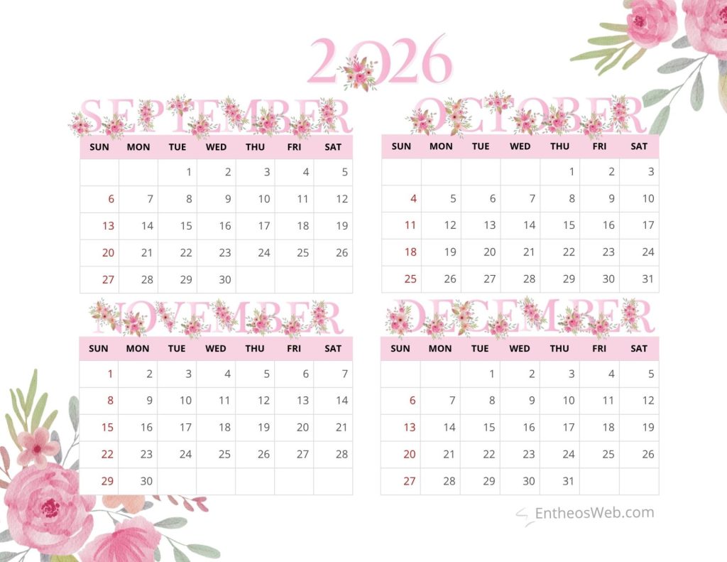 Decorative 2026 calendar spread with floral borders and pink header on month grids 4 month calendar  sep oct nov dec 2026 pink pastel floral