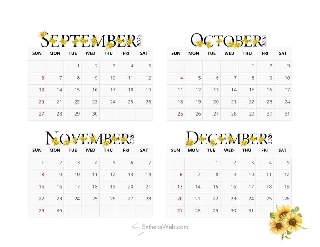 Four decorative calendar panels showing monthly grids septemberdecember 2026 with sundays in red and sunflower embellishments at the month titles 4 month calendar   sep oct nov dec 2026 sunflowers simple