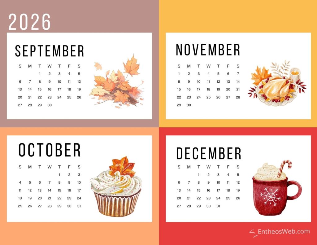 Calendar collage with months september and november visible autumn leaves on the left and a roasted turkey with a candle on the right bright orange and pink panel background 4 month calendar sep oct nov dec 2026   watercolor