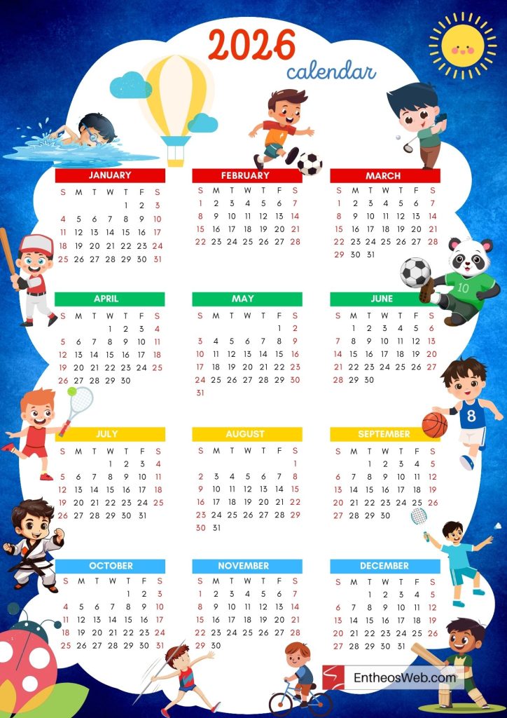 Printable Kids Calendar 2026 – Cute Single Page Full Year PDF Calendars ...