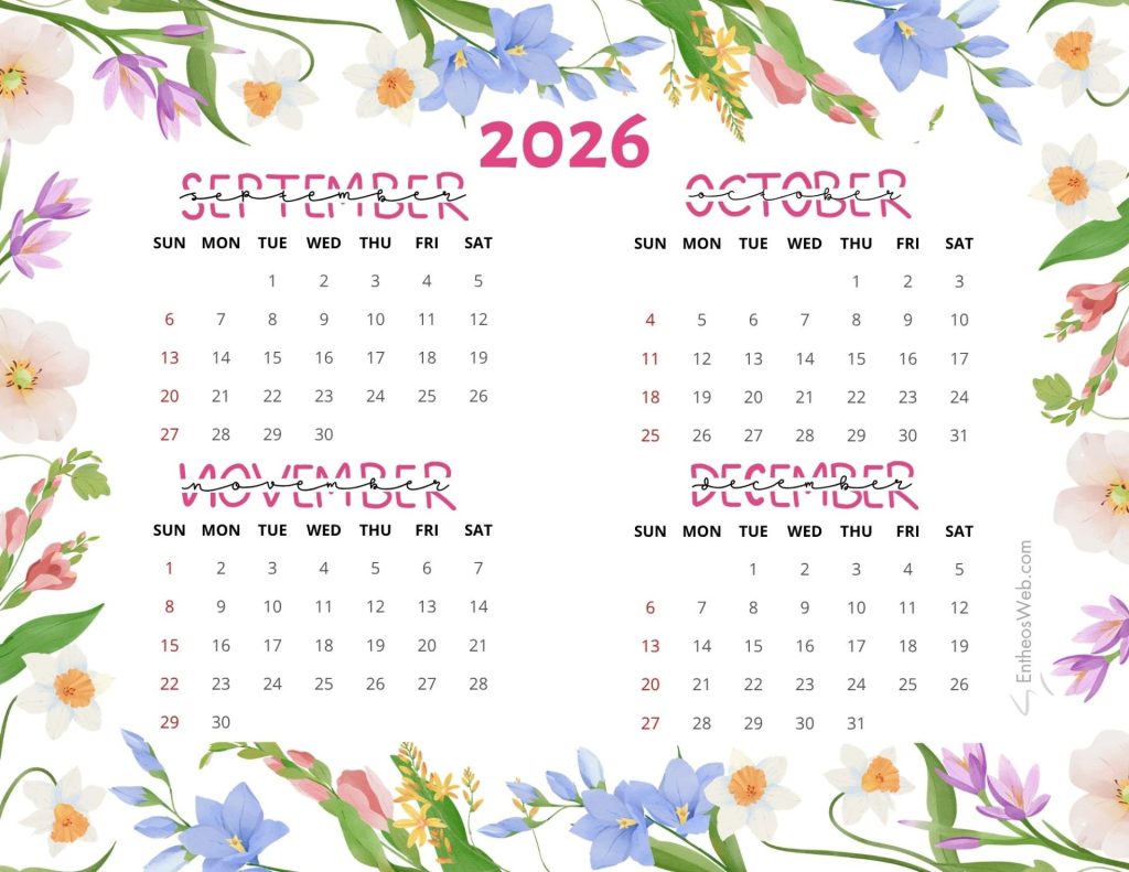 Two month calendar page for 2026 september and october with days of the week and dates set against a vibrant floral border sundays are highlighted in red Sep oct nov dec 2026   4 month calendar   colorful flowers