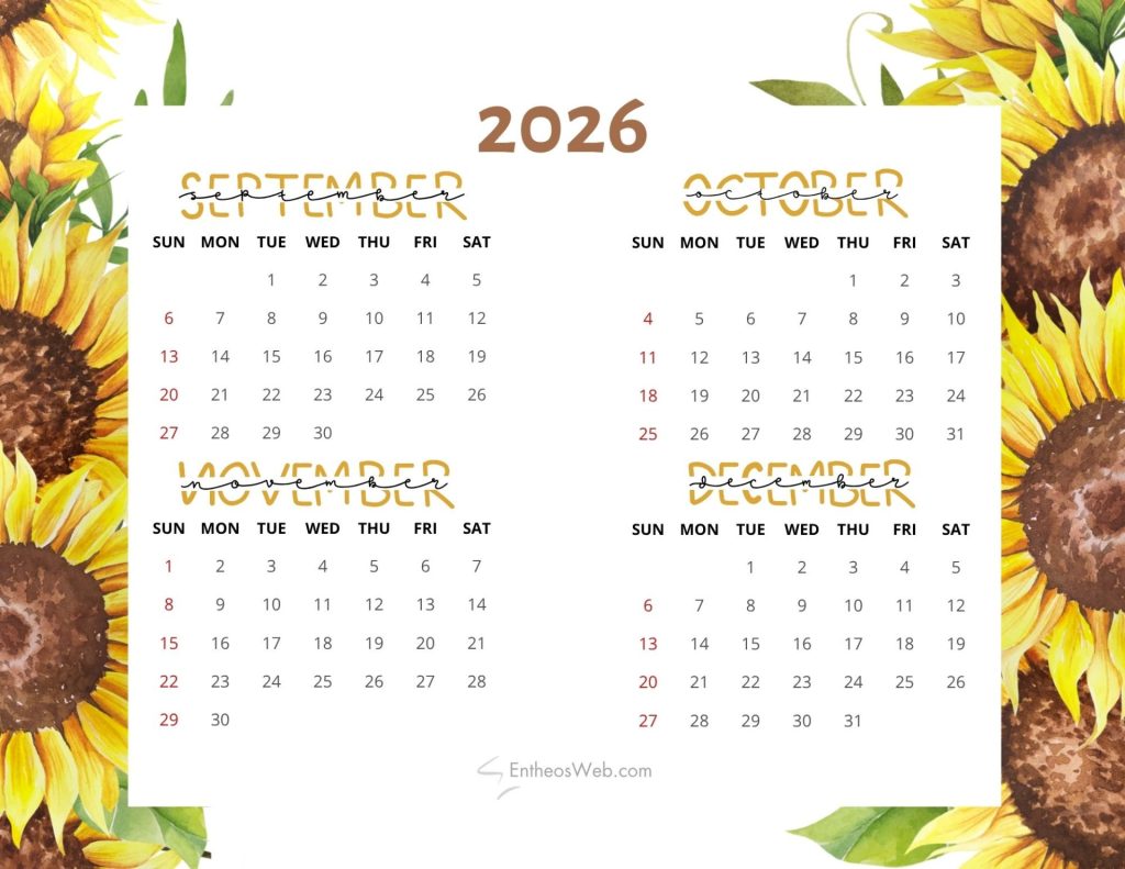 Two page 2026 calendar spread showing september and october with a sunflower border on the sides Sep oct nov dec 2026   4 month calendar   yellow sunflowers