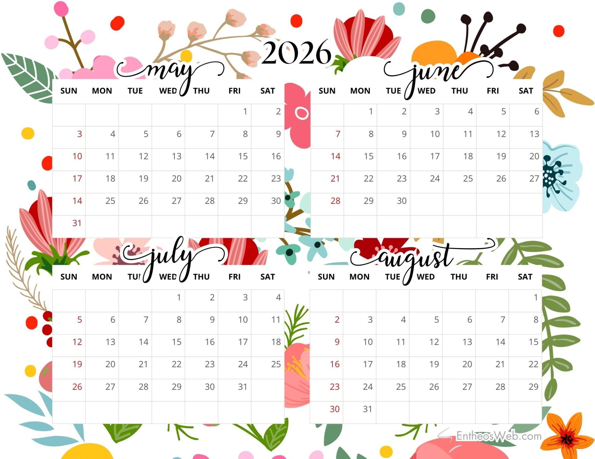 4 month calendar may june july august 2026 floral | may june july august 4 month calendar | entheosweb 4 month calendar may june july august 2026 floral