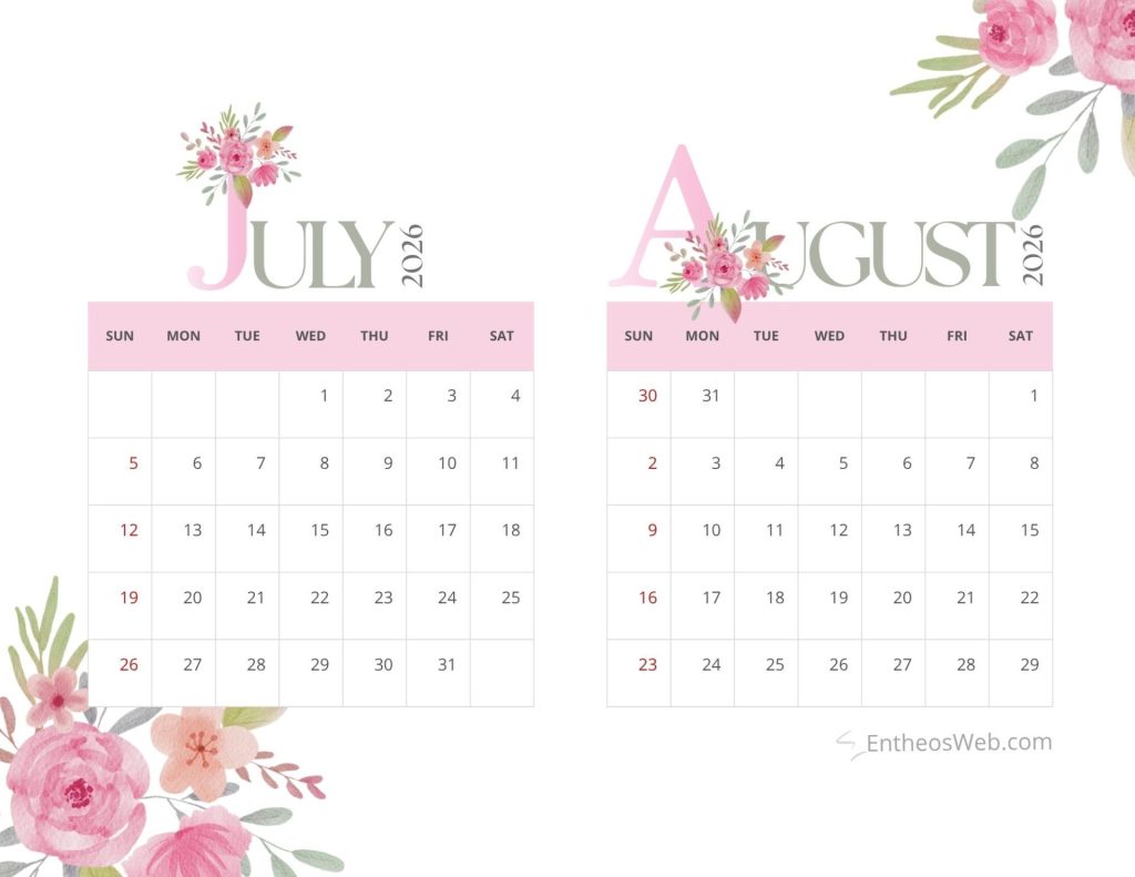 Two floral calendar panels for july 2026 and august 2026 with pink headers decorative flowers and grid calendars showing dates Calendar july august 2026 pretty pink flowers