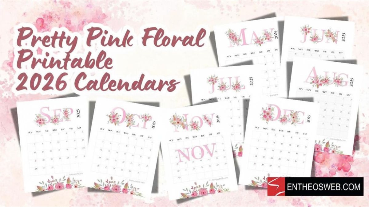 Pretty pink floral printable 2026 calendars pink floral typography printable 2026 monthly calendars