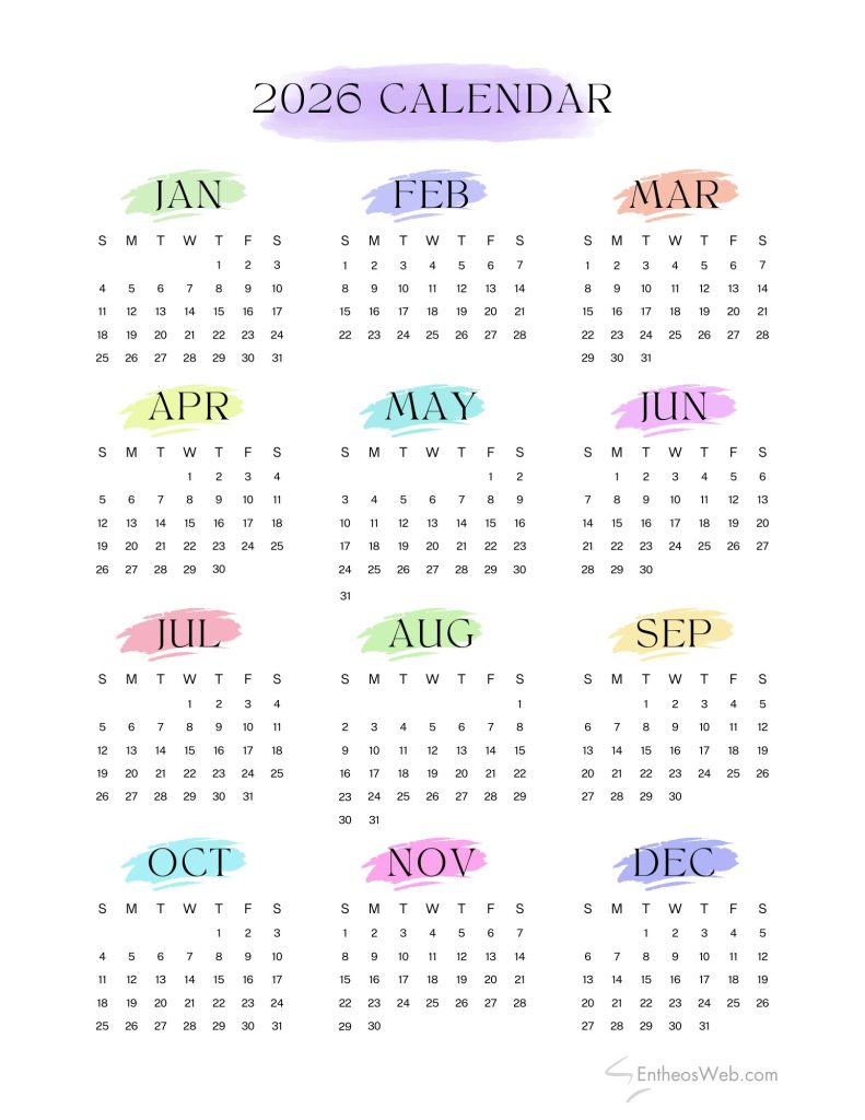 Full Year Printable 2026 Calendar – Free One Page Calendars | EntheosWeb