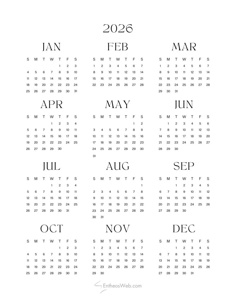 2026 Calendars Full Year PDF Printables EntheosWeb