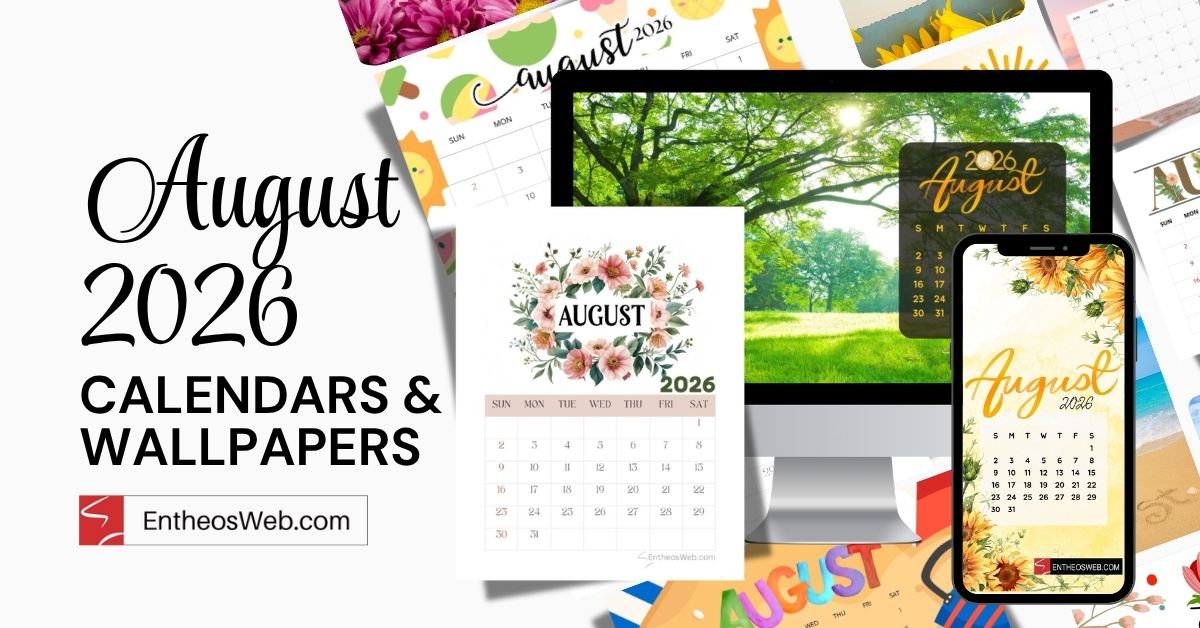Promo collage for August 2026 calendars and wallpapers displaying devices with August calendar designs and floral art.
