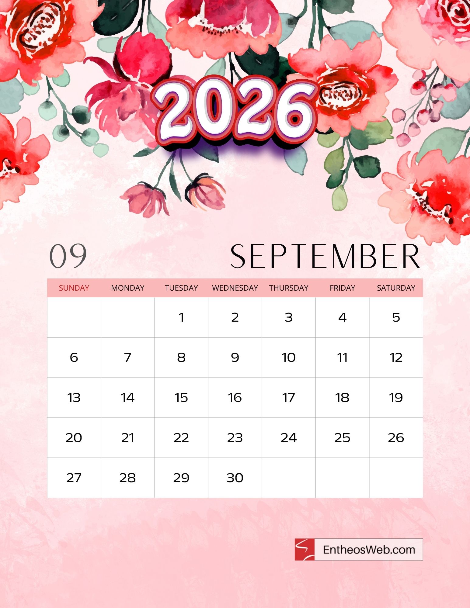 Free Printable September 2026 Calendars EntheosWeb