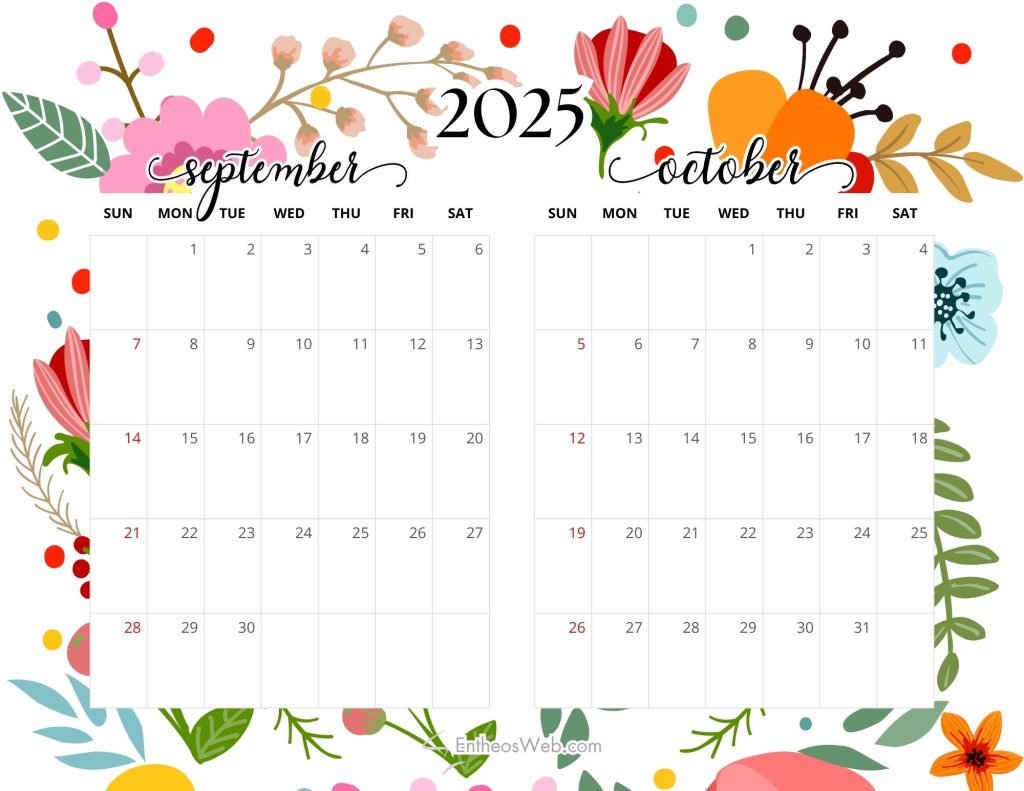 2 month calendar   sep oct 2025 bold floral
