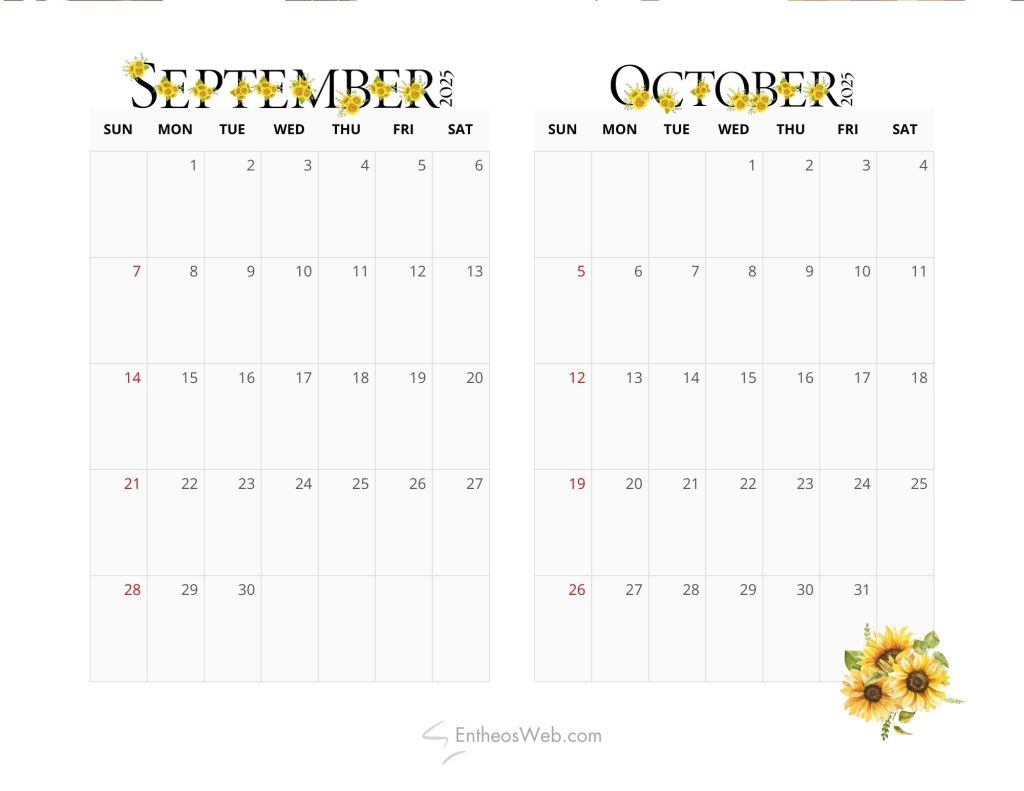 September & October 2026 – 2 Month Calendar Printables | EntheosWeb
