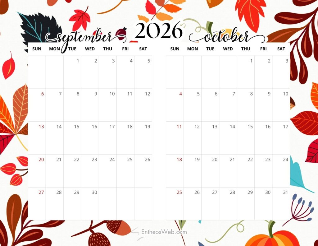 Autumn themed calendar showing september and october 2026 with date grids on a decorative leaf background 2 month calendar   sep oct 2026 autumn leaves