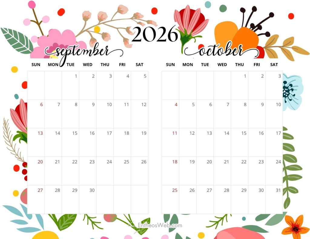Two page 2026 calendar open to september and october surrounded by colorful floral border 2 month calendar   sep oct 2026 bold floral