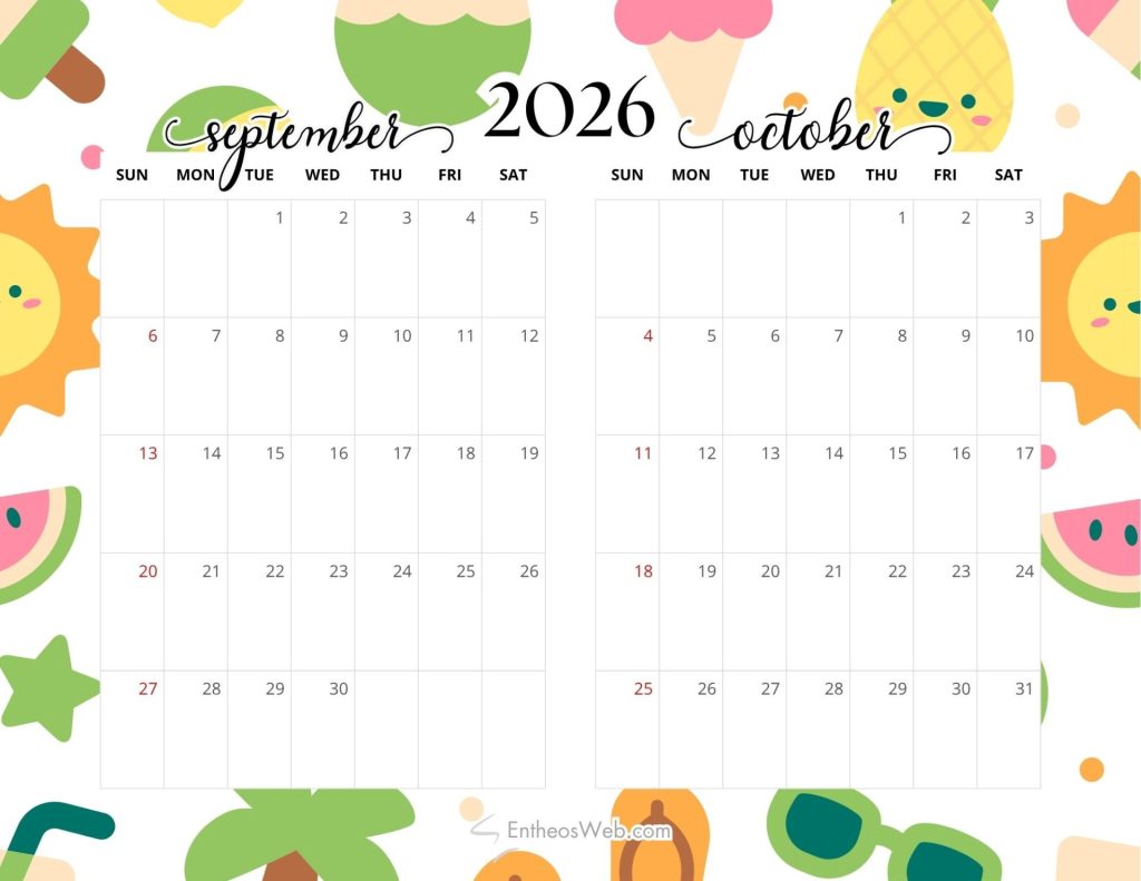 Two page calendar showing septemberoctober 2026 with blank date grids and a playful fruit border 2 month calendar   sep oct 2026 cute bright summer