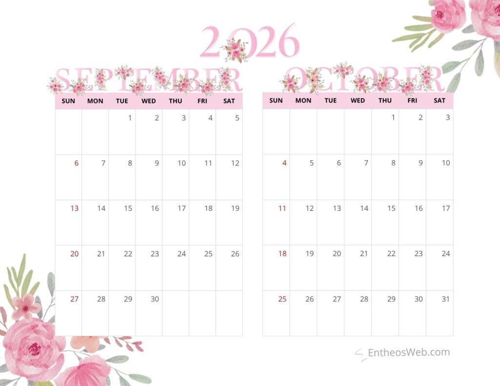 Two page 2026 calendar showing september and october with pink headers and floral borders 2 month calendar  sep oct 2026 pink pastel floral