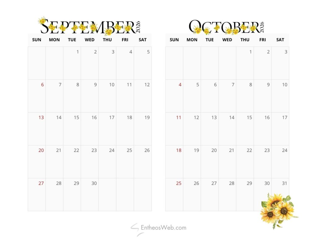 Two month calendar showing september and october 2026 with sunflower decorations along the header and a grid of days below 2 month calendar   sep oct 2026 sunflowers simple
