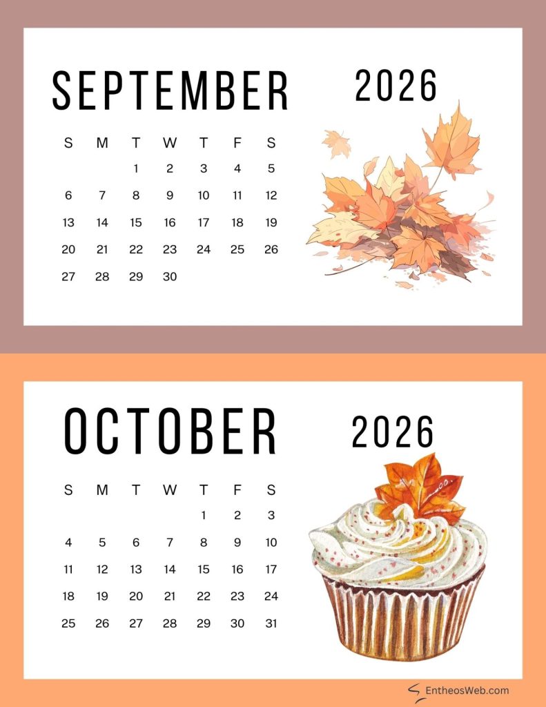 Calendar image showing september 2026 and october 2026 side by side with calendar grids and autumn themed illustrations leaves for september a cupcake for october 2026 september leaves and october cupcake cute printable double month calendar