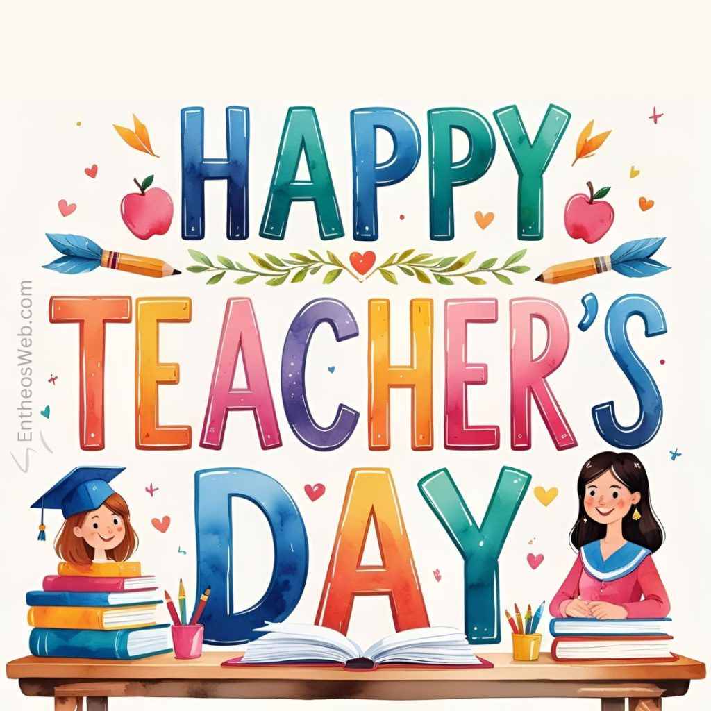 Happy teacher's Day Watercolor with teacher and student