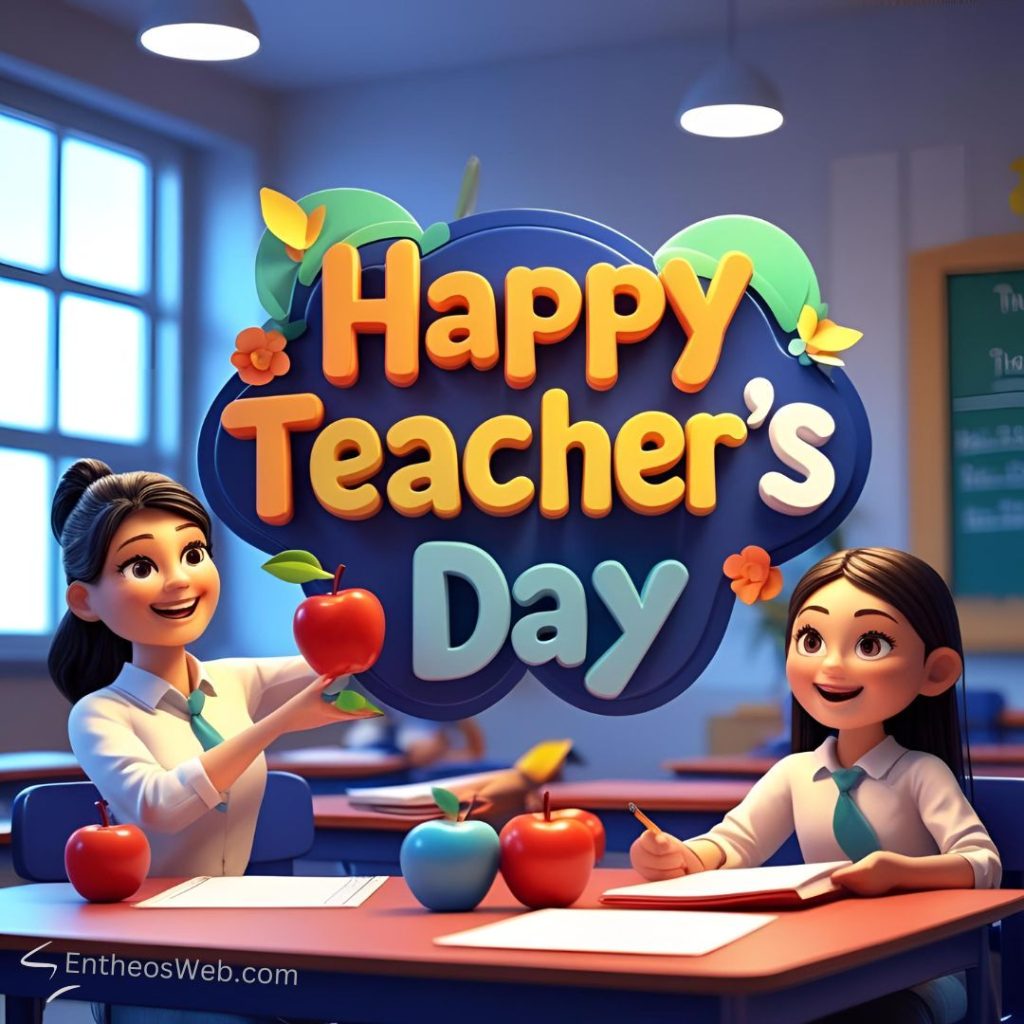 3d happy teacher's Day with teacher and student