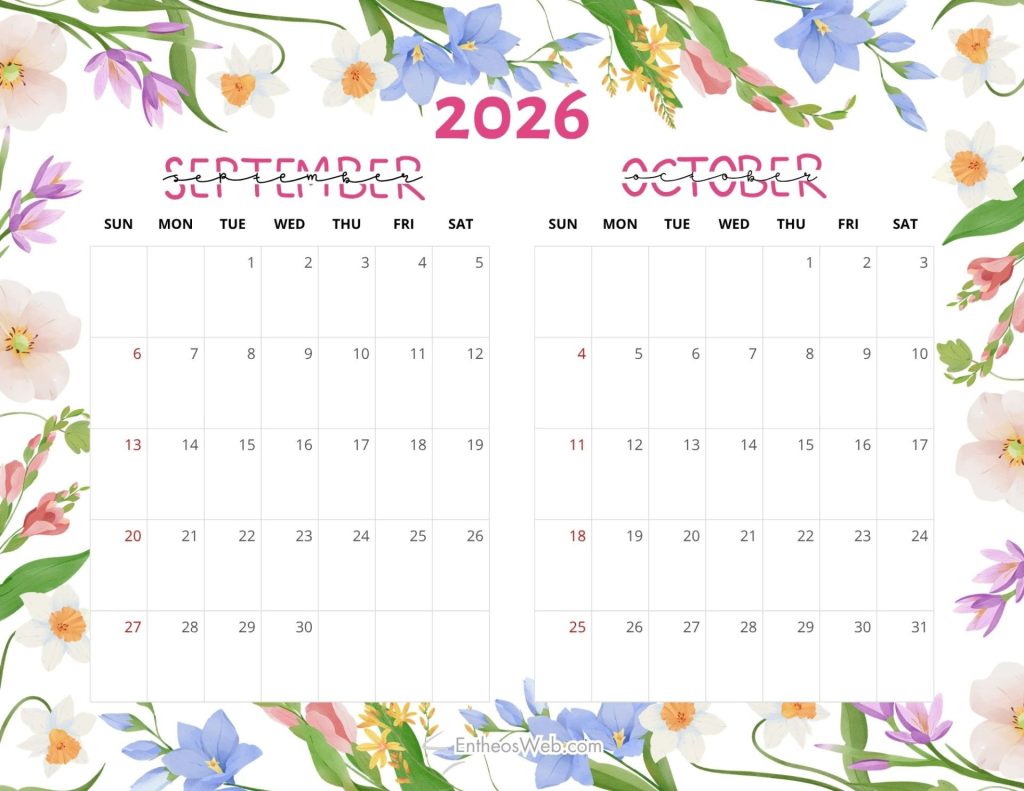 Two page calendar for septemberoctober 2026 with a white grid and colorful floral border along the edges left page is september right page october showing days of week and numbered dates Sep oct 2026   2 month calendar   colorful flowers