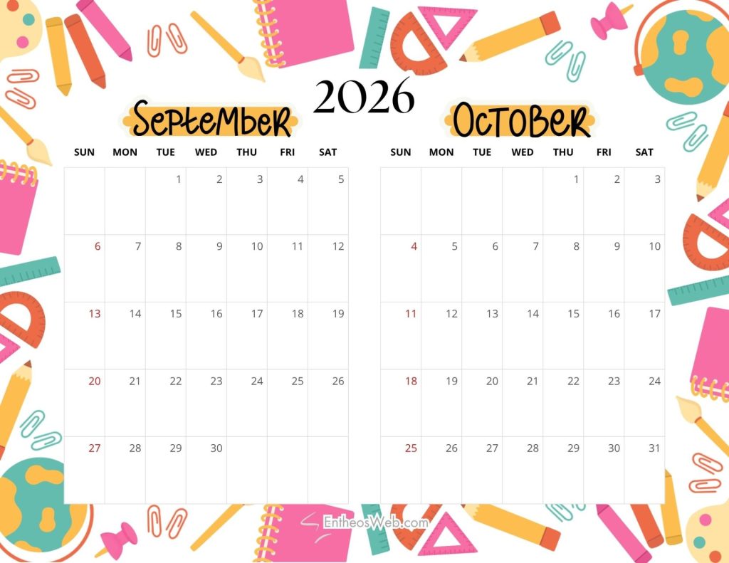 Two page 2026 calendar showing september and october with a colorful school supplies border Sep oct 2026   2 month calendar   cute school