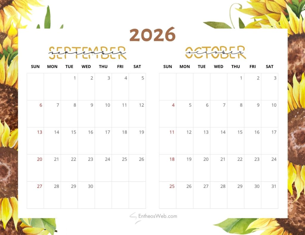 Two month 2026 calendar page showing september and october with a sunflower border Sep oct 2026   2 month calendar   yellow sunflowers