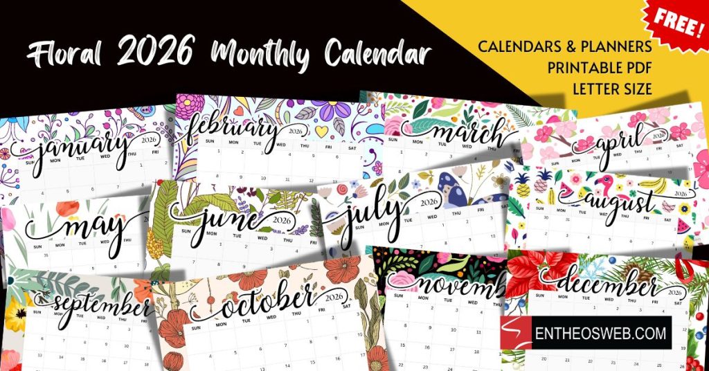 2026 printable monthly calendar with floral backgrounds