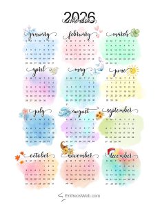 Printable Kids Calendar 2026 – Cute Single Page Full Year PDF Calendars ...