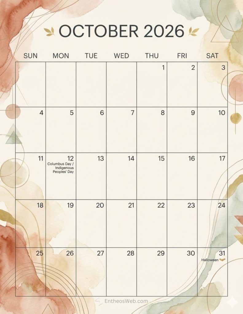 Abstract october calendar with holidays abstract letter size calendar for october 2026 with us holidays