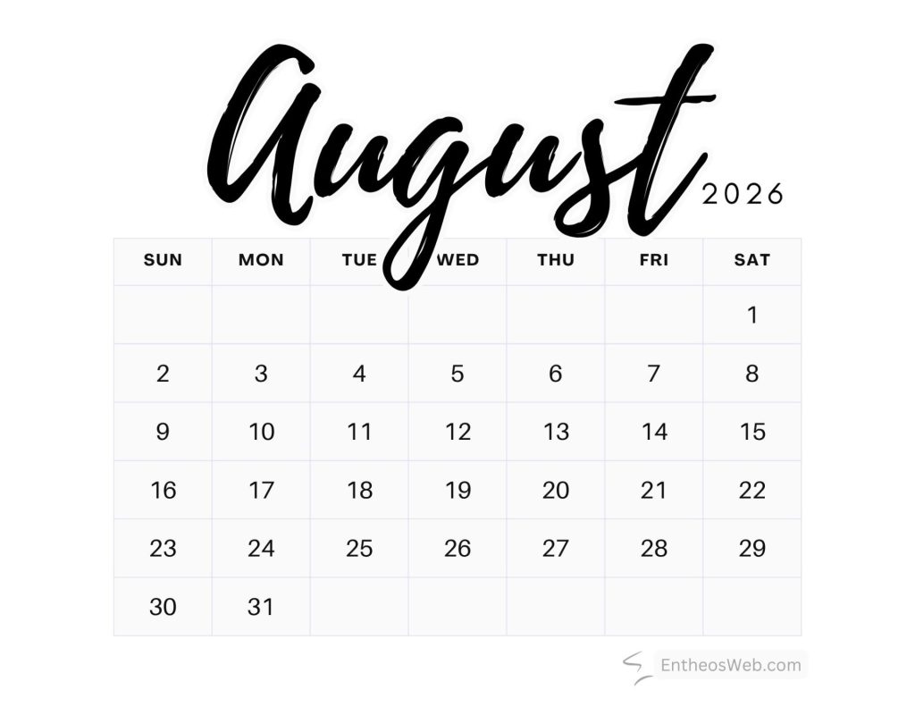 August 2026 calendar black and white august calendar 2026 black and white