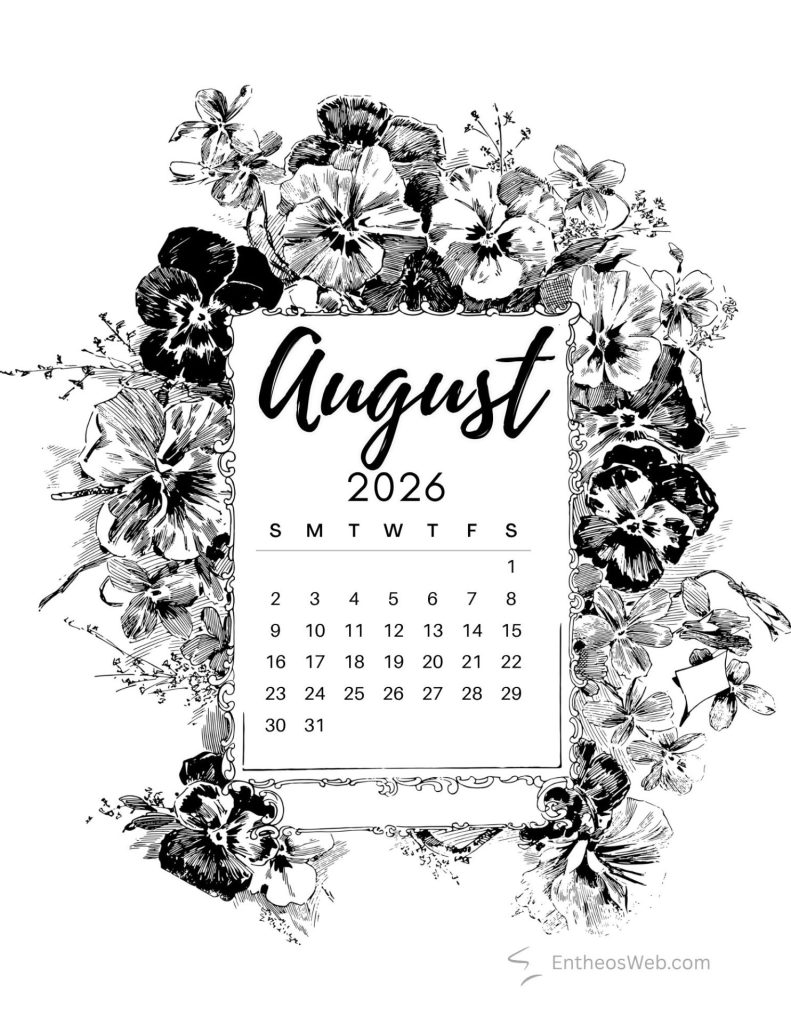 August 2026 black and white floral calendar august calendar 2026 black and white 2