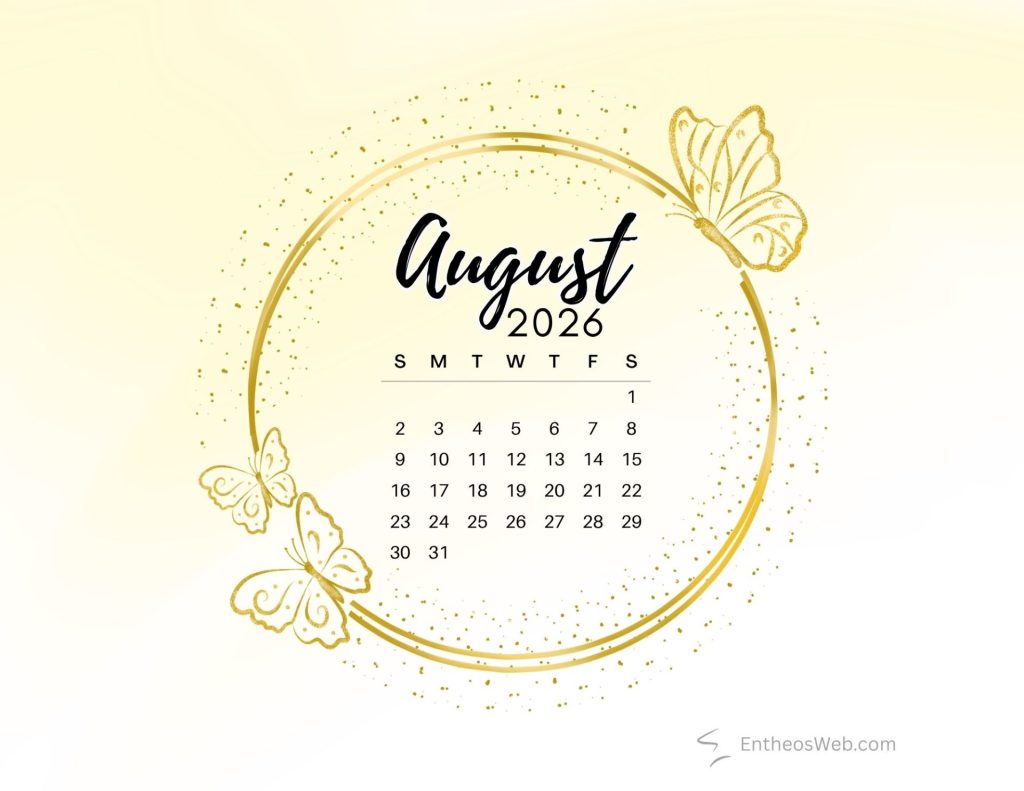 August 2026 calendar golden butterflies on circle frame august calendar 2026 butterflies