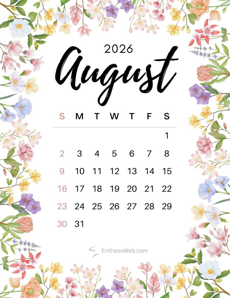 August 2026  floral calendar august calendar 2026 floral