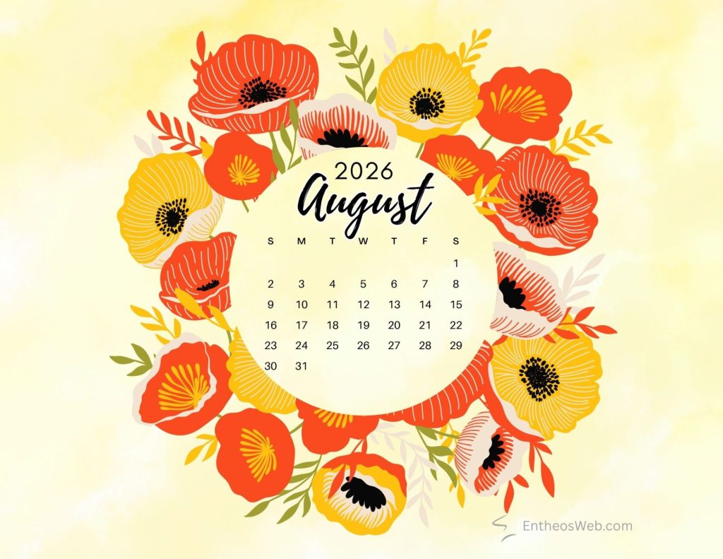 August 2026 calendar surrounded by bright red and yellow flowers on a pale yellow background august calendar 2026 poppies