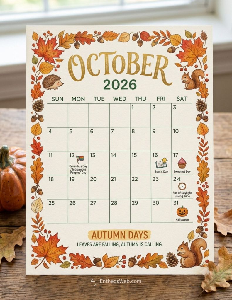 Autumn themed october 2026 calendar page with leaf border a hedgehog and a squirrel illustrated on the sides and decorative holiday icons at dates like columbus day and halloween Autumn october 2026 calendar
