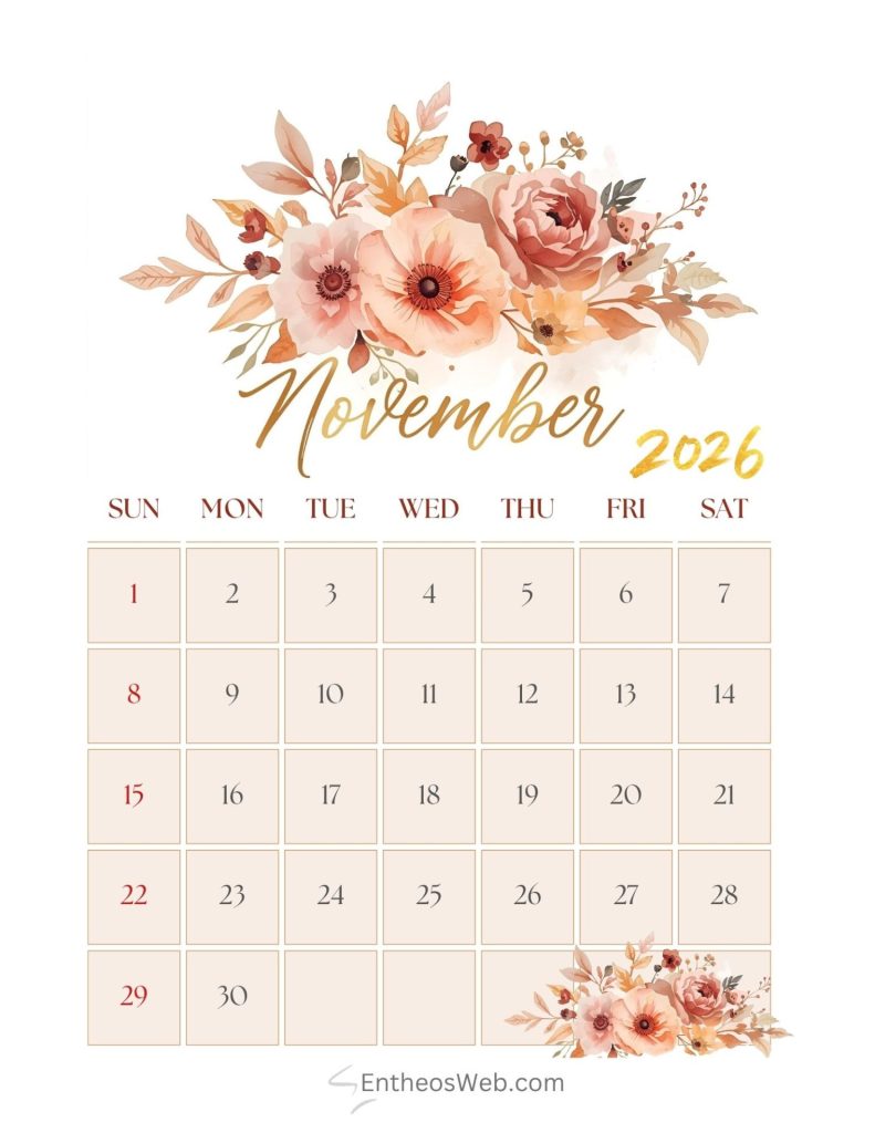 Baeutiful floral november printable calendar 2026 | november calendar free printables for 2026 | entheosweb Beautiful floral november printable calendar baeutiful floral november printable calendar 2026
