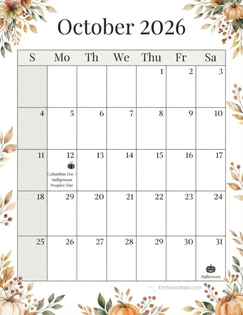 Beautiful letter size calendar for october 2026 with us holidays | october 2026 calendar printables | entheosweb Beautiful letter size calendar for october 2026 with us holidays beautiful letter size calendar for october 2026 with us holidays