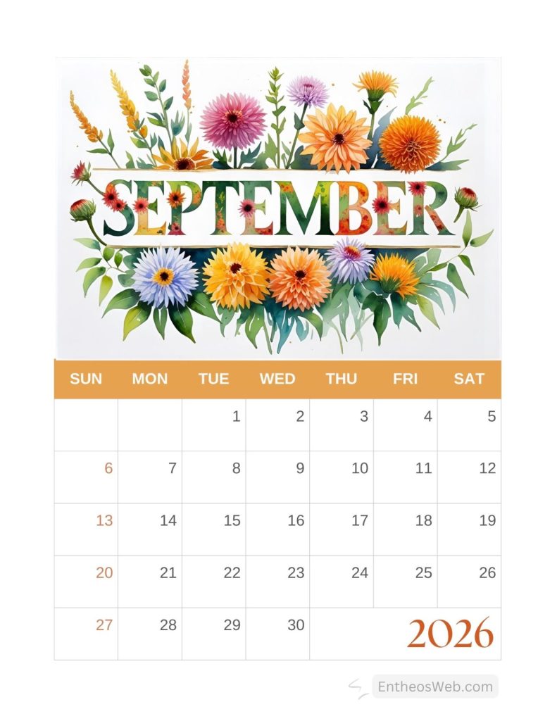 September 2026 calendar page with a vibrant floral header and grid of dates Beautiful september calendar 2026 printable