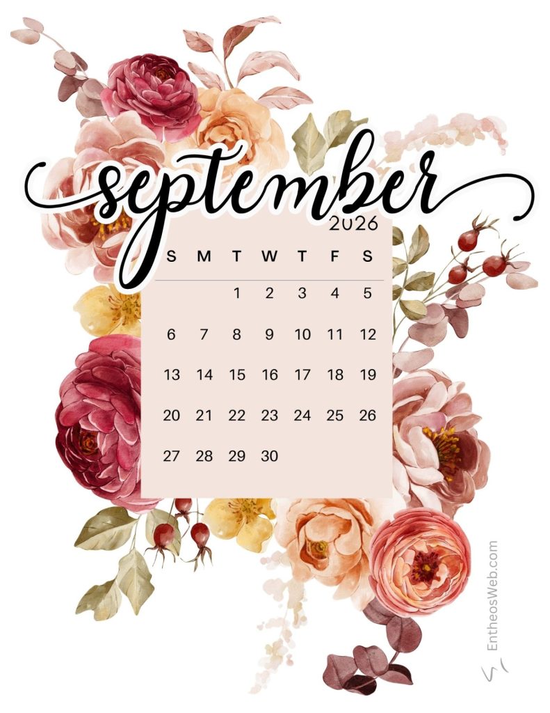 September 2026 calendar page with a blush grid and watercolor pink peonies surrounding it beautiful september printable calendar
