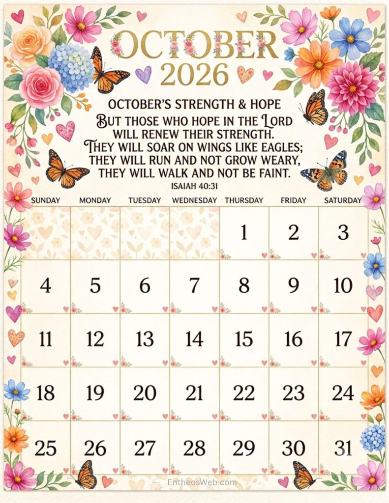 Bible verse october 2026 calendar | october 2026 calendar printables | entheosweb Bible verse october 2026 calendar with beautiful flowers butterflies and hearts bible verse october 2026 calendar