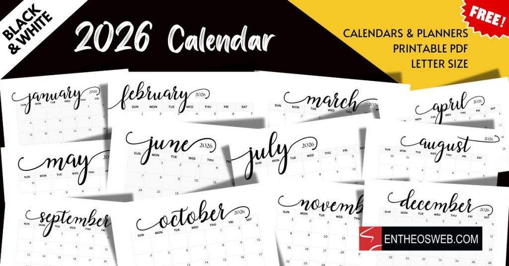 Black and white 2026 calendar