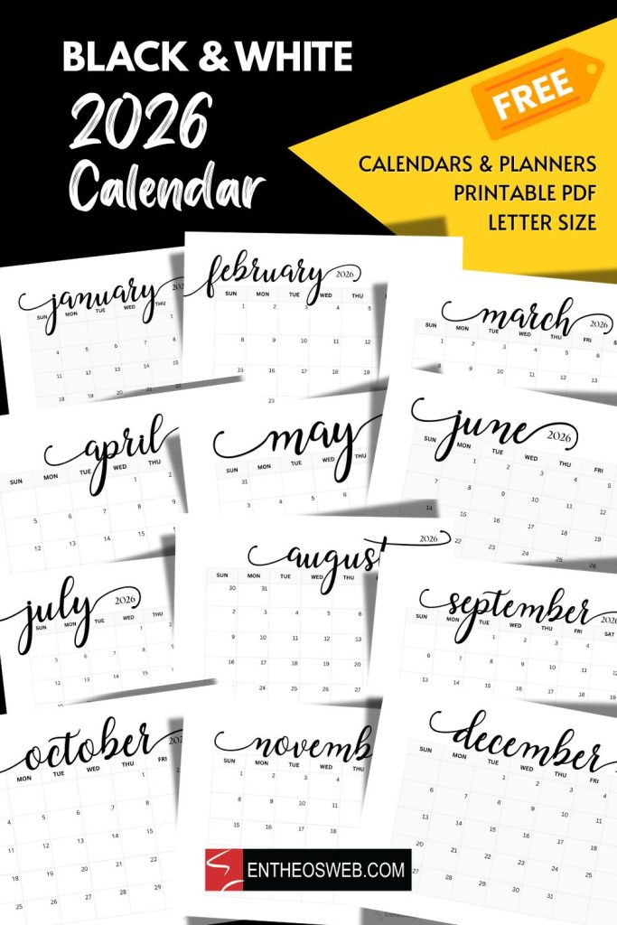 2026 Calendar Monthly Printable – Black and White | EntheosWeb