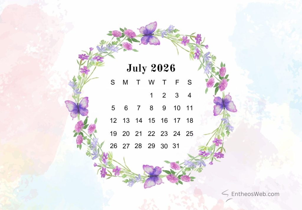 Butterflies and floral border july printable calendar 2026 | july 2026 calendar printables 150+ free designs | entheosweb Purple butterflies and floral circle border july printable calendar 2026 butterflies and floral border july printable calendar 2026